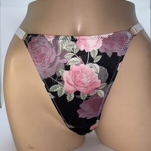 Silky‎ Liquid Satin Cottage Rose Floral Black & Pink Stretchy Thong Panties NEW